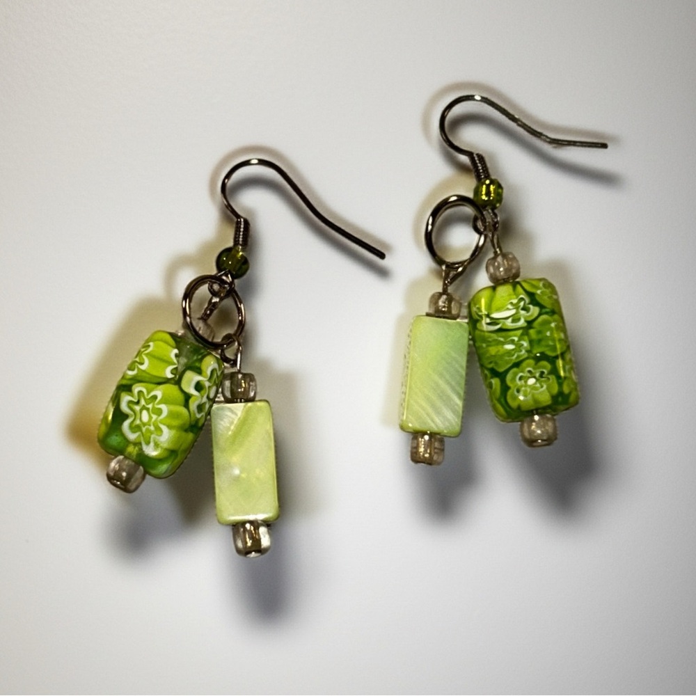 Hand Crafted Green Floral Glass Bead Dangle Earrings